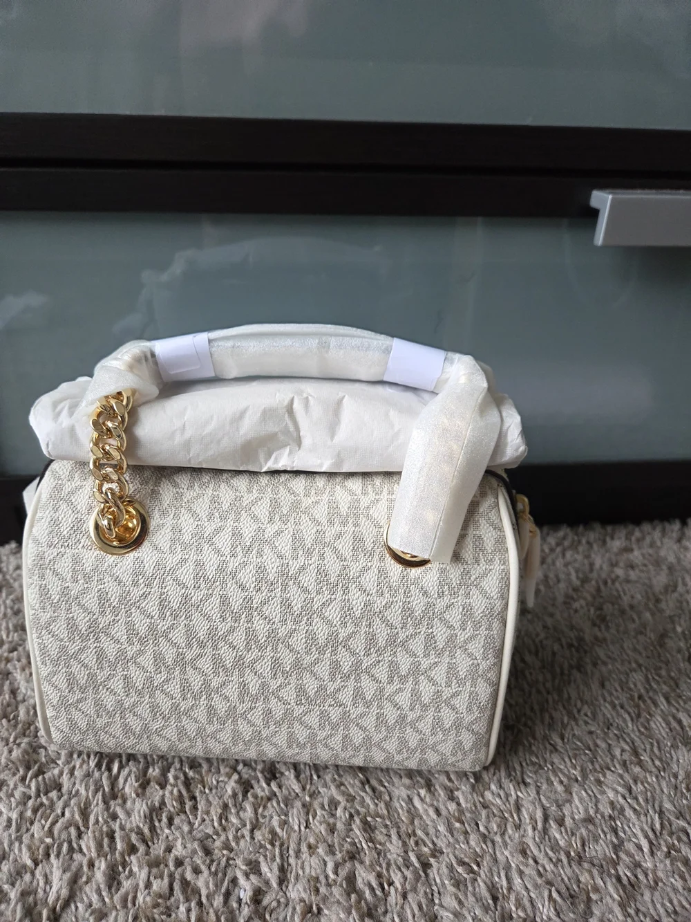 Michael Kors Cream MK Logo Chain Shoulder Bag with Gold Hardware